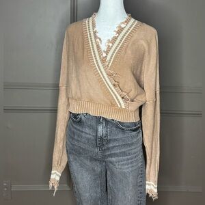 Promesa Tan/Mauve Fringed V-Neck fall Sweater